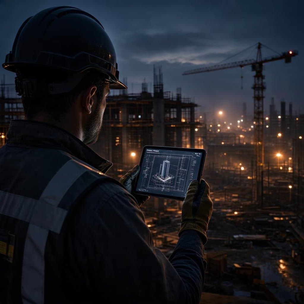 Engenheiro com tablet no canteiro